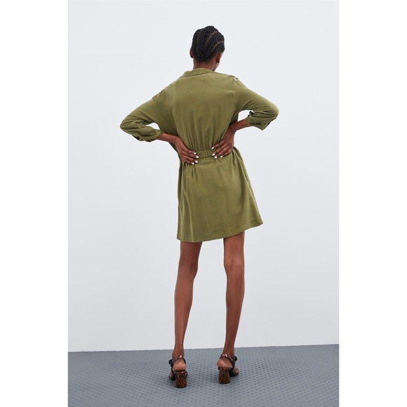 Zara Olive Green Lyocell Mini Shirt Dress - Picture 3 of 8